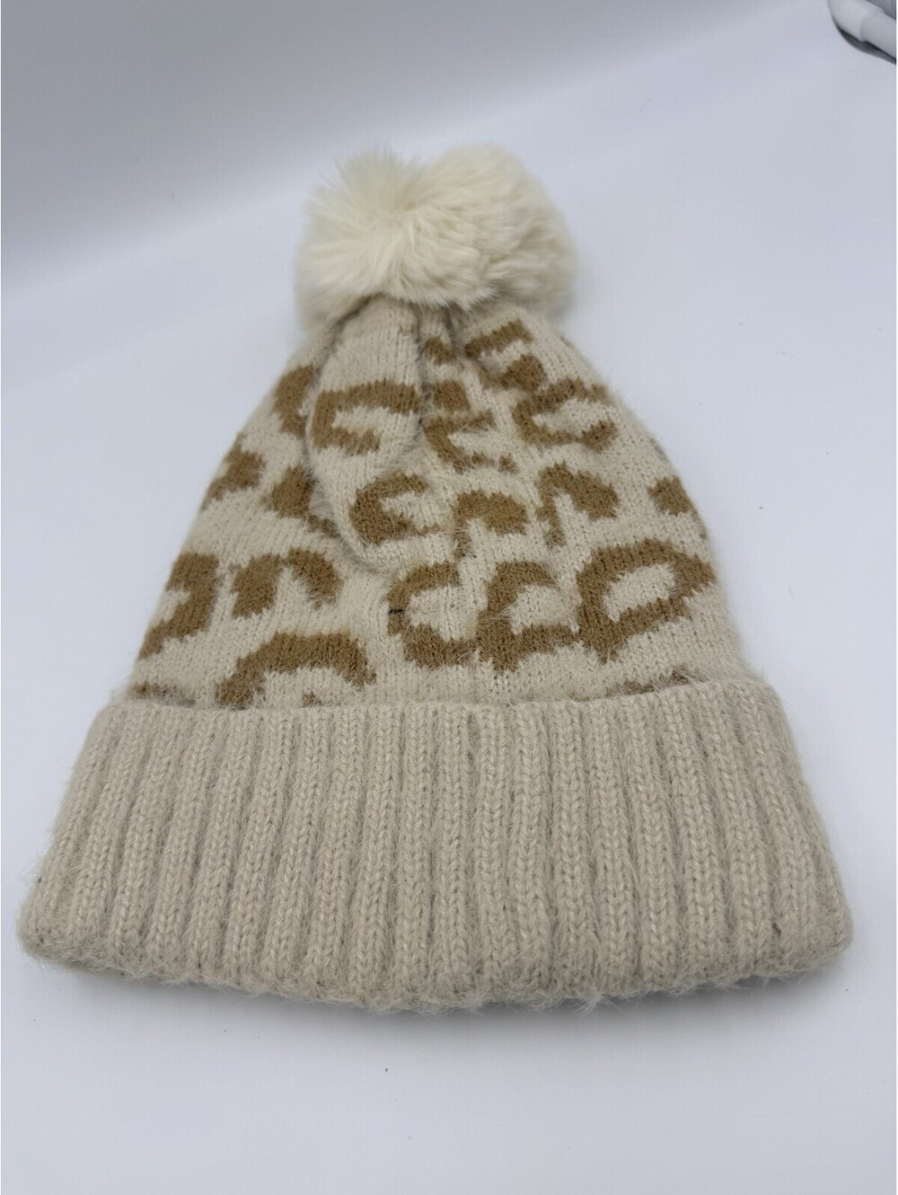 Ashley Stewart Cream Cheetah Pom-Pom Beanie Hat One Size Women NWT
